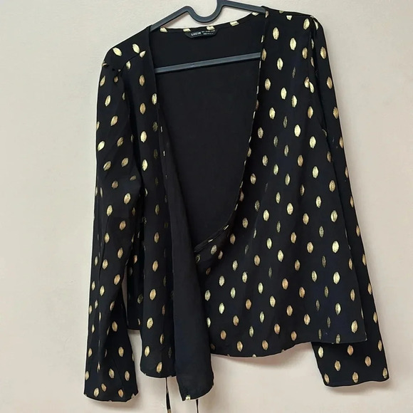 SHEIN Black Golden Dot Bow Wrap Blouse Sz Large - Picture 12 of 12